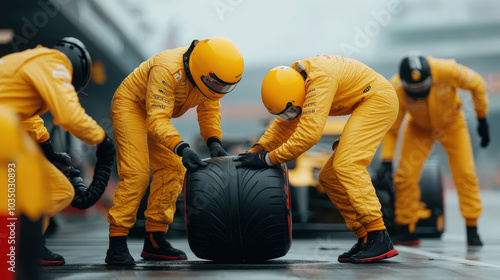 Pit crew changing tires in sync, high-speed teamwork, Formula 1 pit stop, race against time, motorsport precision 