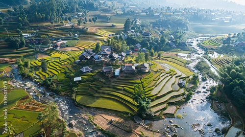 Terraced rice field landscape near Sapa in Vietnam background