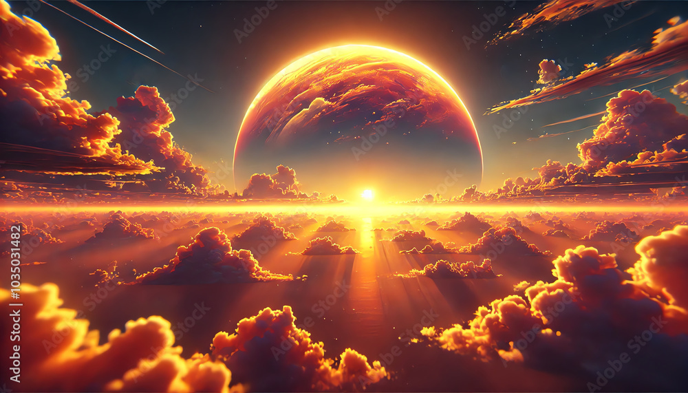 A panoramic, golden-orange sunset sky A panoramic, golden-orange sunset sky