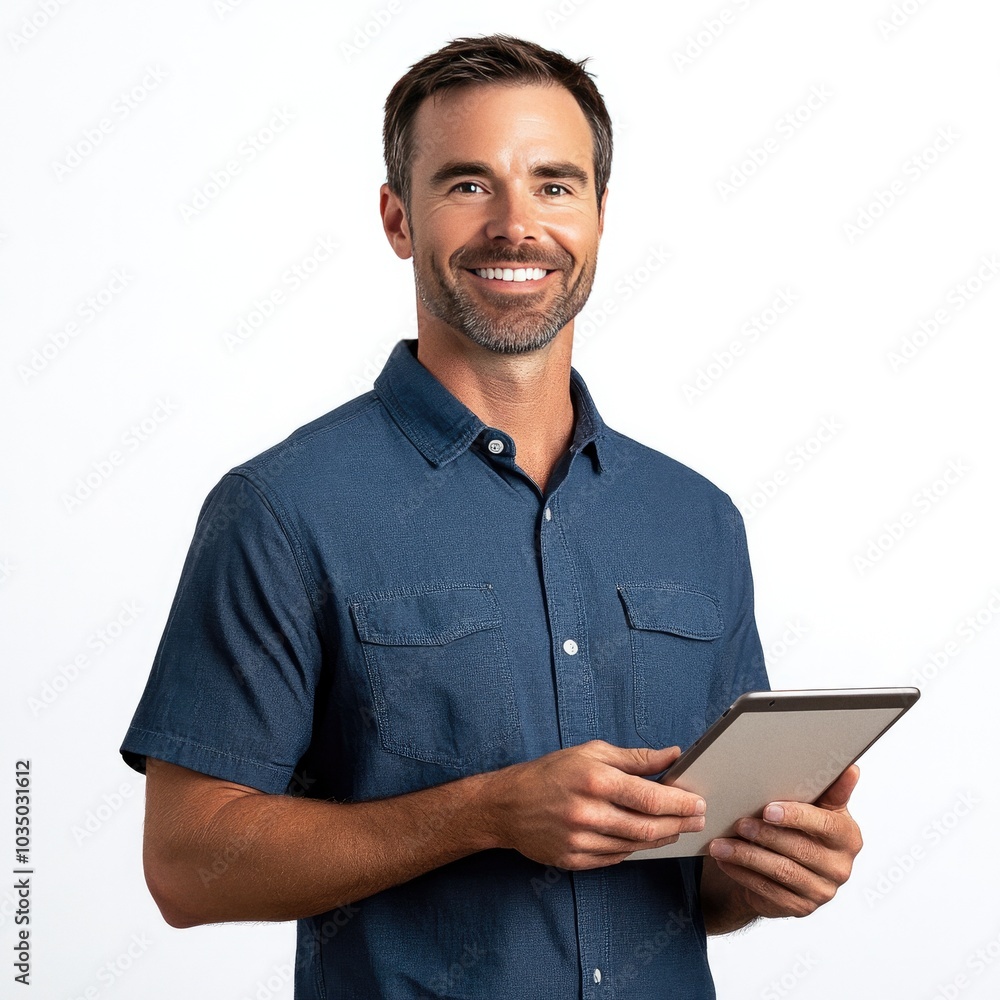 Man in a blue shirt holds a tablet looking into the camera on white studio background Man in a blue shirt holds a tablet looking into the camera on white studio background