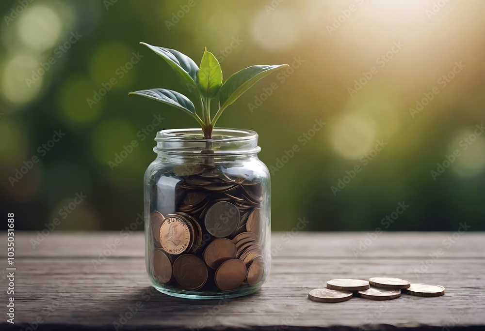 A small plant grows from a jar filled with coins. A small plant grows from a jar filled with coins.