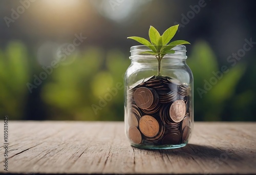 A small plant grows from a jar filled with coins.