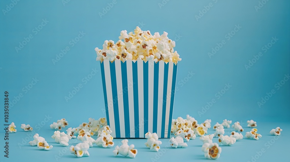 Striped box with heap of popcorn on blue background background Striped box with heap of popcorn on blue background background