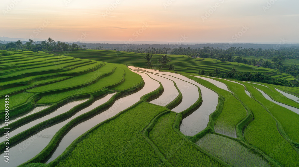 Golden sun dips below the horizon, casting long shadows across the emerald green rice fields, creating a breathtaking rural landscape Golden sun dips below the horizon, casting long shadows across the emerald green rice fields, creating a breathtaking rural landscape