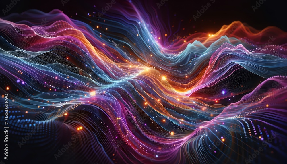 custom made wallpaper toronto digitalAn abstract visualization of flowing, semi-transparent fabric-like waves in vibrant colors