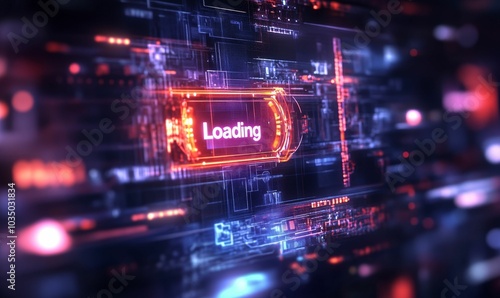 Digital loading screen with glowing text.