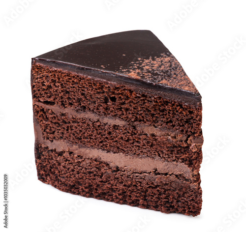 Piece of chocolate cake on white background. Isolated