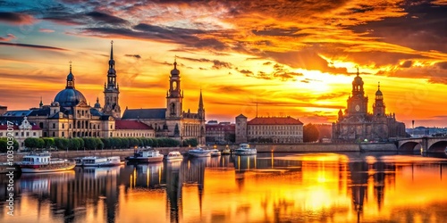 The iconic silhouette of Dresden's historic skyline shines against a striking sunset, offering an enchanting visual that celebrates the city's architectural splendor and charm.