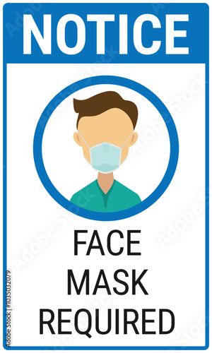 Face mask required notice sign. Vector illustration of a cartoon man wearing a light blue face mask