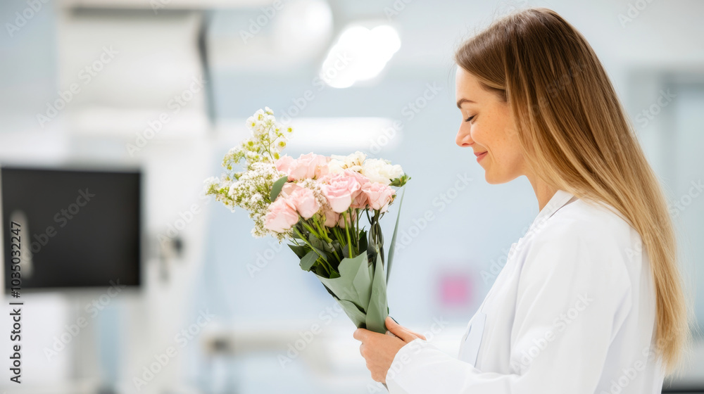 woman in white lab coat smiles gently while holding bouquet of flowers, conveying sense of joy and appreciation in clinical setting woman in white lab coat smiles gently while holding bouquet of flowers, conveying sense of joy and appreciation in clinical setting