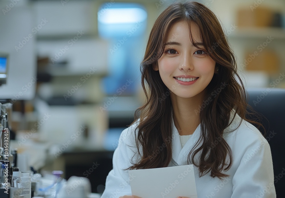 Bright Moment: A Smiling Woman Radiating Happiness in a Cozy, Indoor Setting Bright Moment: A Smiling Woman Radiating Happiness in a Cozy, Indoor Setting