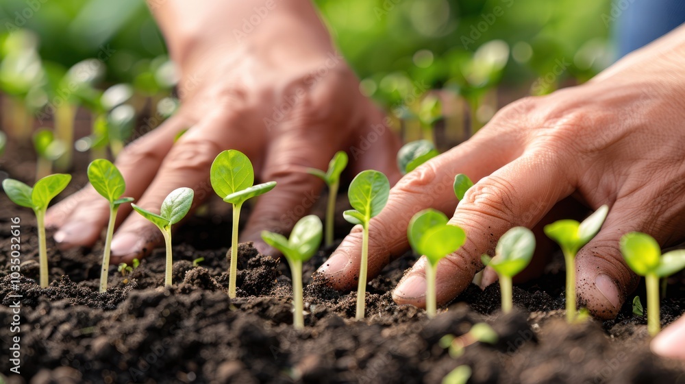 Close-up of Hands Gently Nurturing Young Green Seedlings in Rich Soil Close-up of Hands Gently Nurturing Young Green Seedlings in Rich Soil