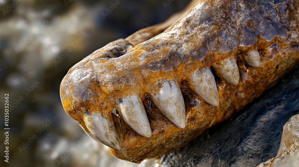Close-up of a Fossilized Dinosaur Jaw with Sharp Teeth