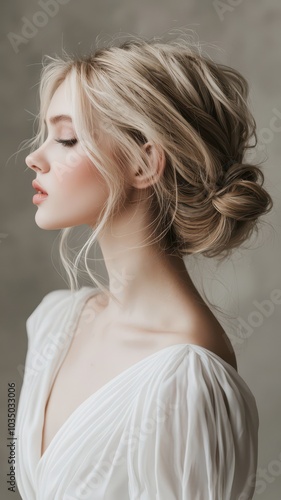 Elegant updo in a luxury salon, featuring delicate tendrils beautifully framing the face for a sophisticated look.
