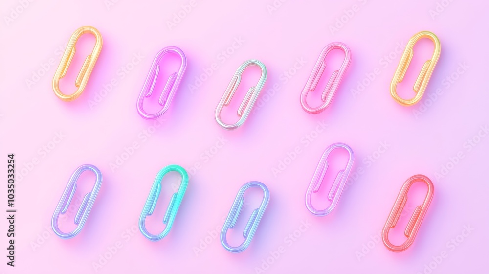multicolored 3d paper clips, neon and pastel hues, isometric view, clean vector graphics, minimalist composition, stationery emoji collection, soft gradient shading multicolored 3d paper clips, neon and pastel hues, isometric view, clean vector graphics, minimalist composition, stationery emoji collection, soft gradient shading