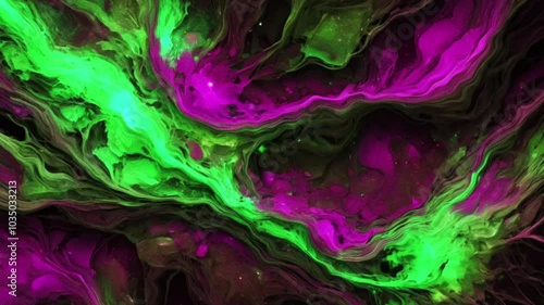 Neon green and purple Multi-coloured abstract background with swirls of graduating colours, soft movement video of colour fluid fusion