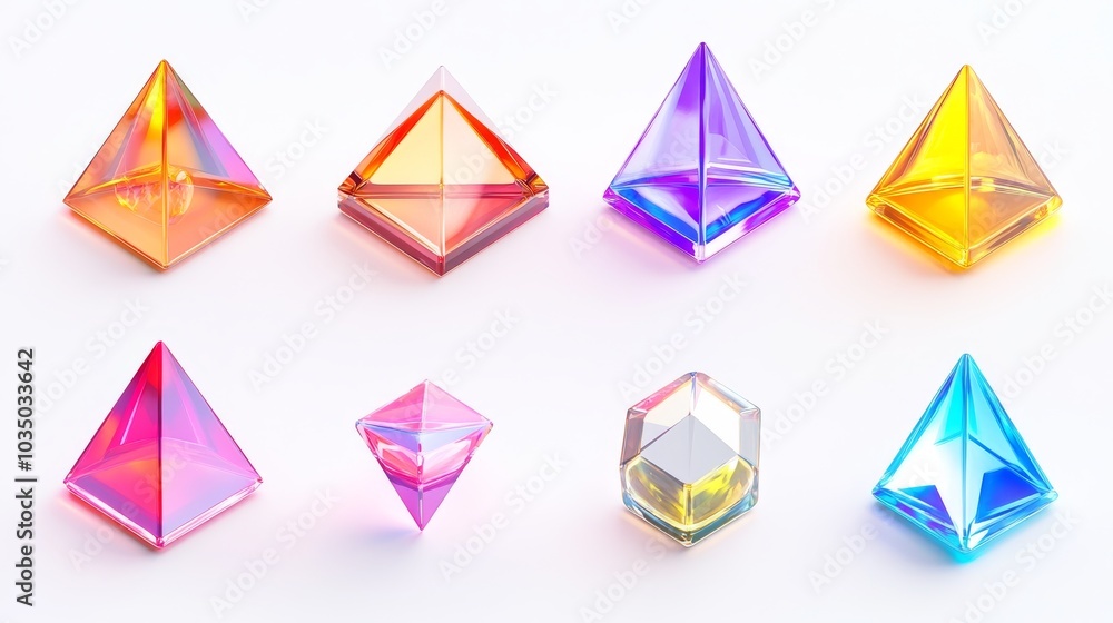 shiny triangular icons, diverse color spectrum, 3d geometric shapes, beveled edges, glass-like finish, isolated on white, web design assets, soft gradient lighting shiny triangular icons, diverse color spectrum, 3d geometric shapes, beveled edges, glass-like finish, isolated on white, web design assets, soft gradient lighting