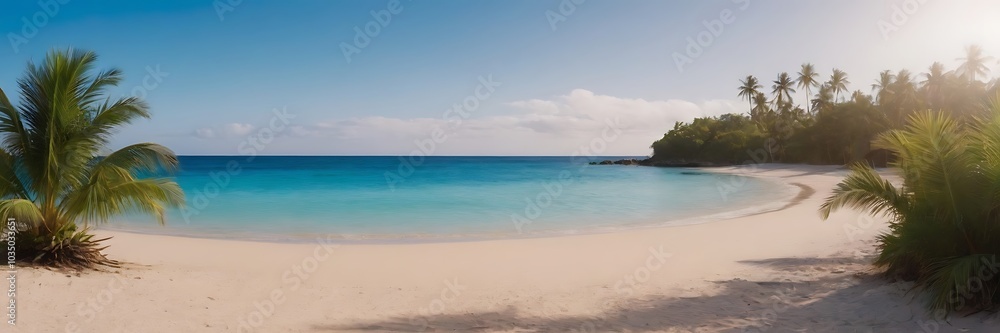 A tropical beach scene with fine sand, blue water, and palm leaves. A tropical beach scene with fine sand, blue water, and palm leaves.