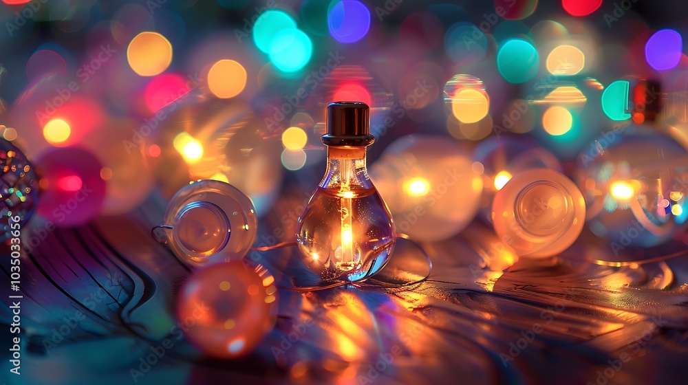 A selection of glowing bulbs encircle a fashionable scented vial A selection of glowing bulbs encircle a fashionable scented vial