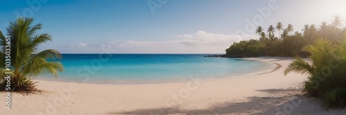 A tropical beach scene with fine sand, blue water, and palm leaves.