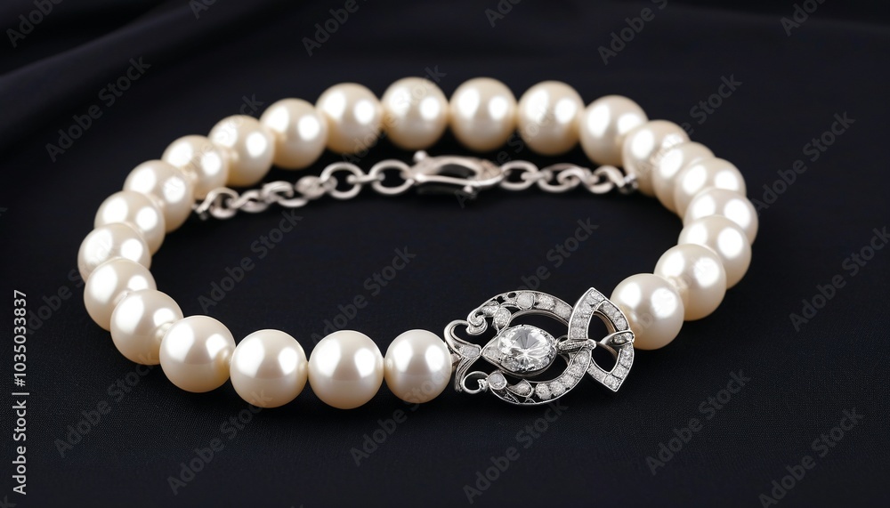 A lavish pearl bracelet with intricate silver clasp, lying against a dark cloth, offering timeless sophistication for wedding day jewelry, Generative AI A lavish pearl bracelet with intricate silver clasp, lying against a dark cloth, offering timeless sophistication for wedding day jewelry, Generative AI