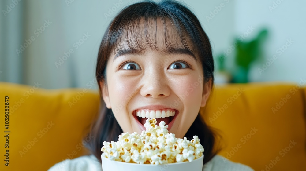 Woman is eating popcorn while smiling. The scene is lighthearted and fun, with the woman enjoying her snack Woman is eating popcorn while smiling. The scene is lighthearted and fun, with the woman enjoying her snack