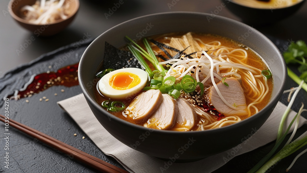 Mouthwatering Bowl of Ramen, Noodles Soup with Egg and Meat, Japanese Asian Cuisine Mouthwatering Bowl of Ramen, Noodles Soup with Egg and Meat, Japanese Asian Cuisine