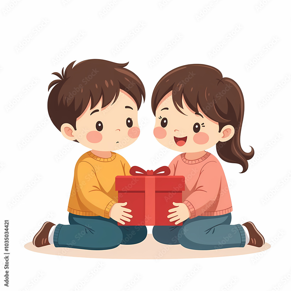 A simple icon-style illustration, two children sitting, a red gift box, white background A simple icon-style illustration, two children sitting, a red gift box, white background