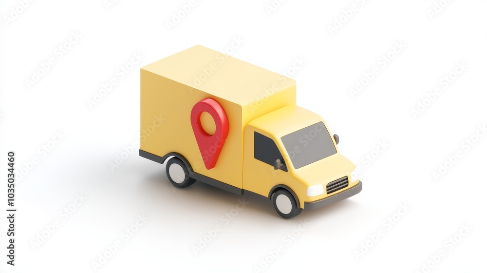 3d cartoon delivery truck, pale yellow vehicle, white text, red location pin, cardboard boxes, minimalist design, soft shadows, clean white background, isometric view, toy-like appearance 3d cartoon delivery truck, pale yellow vehicle, white text, red location pin, cardboard boxes, minimalist design, soft shadows, clean white background, isometric view, toy-like appearance