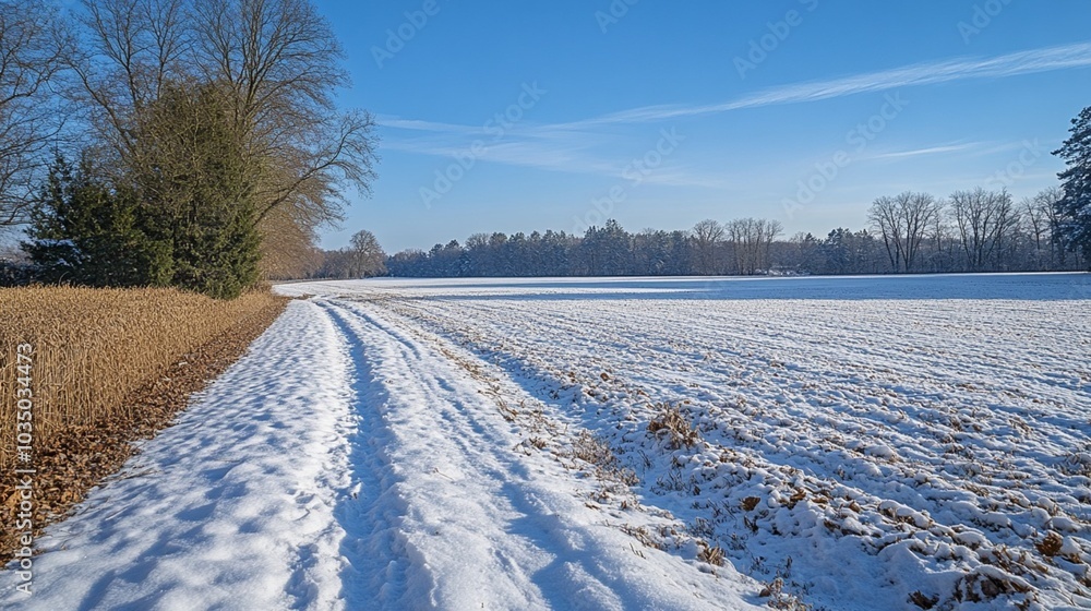 Serene Snowy Path Through Winter Field Serene Snowy Path Through Winter Field
