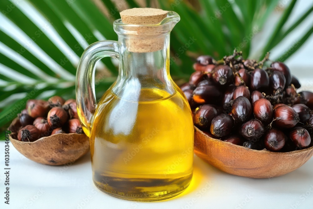A bottle of palm oil with fresh palm fruits in the background, on a white background A bottle of palm oil with fresh palm fruits in the background, on a white background