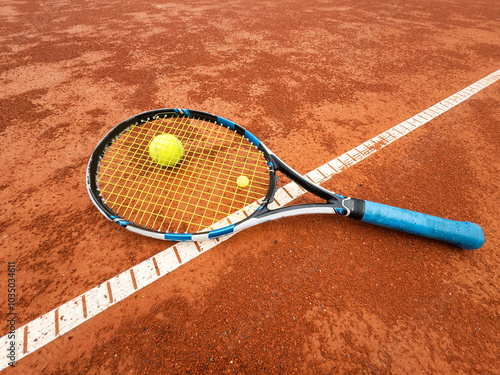 Balls and racket are lying on clay brown professional tennis court Close up of tennis balls and racket on dross at tennis court on the playground. Sport concept. Perspective up top view  photo