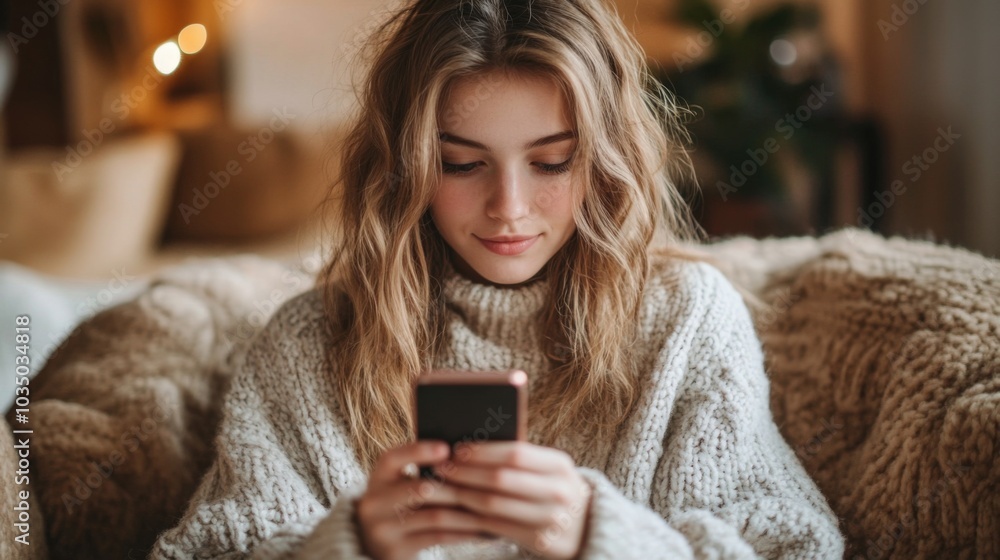 Young Woman Using Smartphone at Home Young Woman Using Smartphone at Home