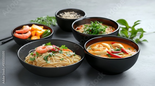 thai cuisine 3d graphics, pad thai noodles, tom yum soup bowl, mango sticky rice dessert, stylized asian food icons, bold colors, shiny surfaces, black ceramic tableware, aromatic herb garnishes,