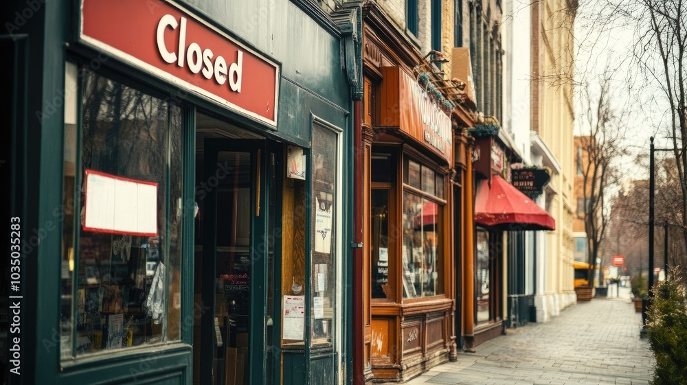 Obraz premium Quiet, empty street with closed shops and storefronts