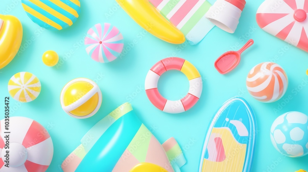 vivid seaside accessories, psychedelic beach ball pattern, lemon yellow float ring, cobalt blue bucket, cherry red toy spade, aquamarine surfboard with stripes, high-contrast 3d models, subtle hover vivid seaside accessories, psychedelic beach ball pattern, lemon yellow float ring, cobalt blue bucket, cherry red toy spade, aquamarine surfboard with stripes, high-contrast 3d models, subtle hover