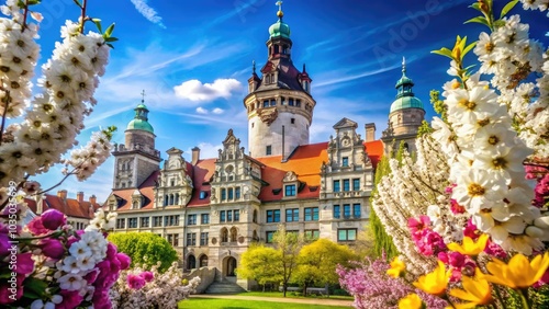 The Neues Rathaus in Leipzig stands majestically against a clear blue sky, surrounded by vibrant spring flowers, creating a picturesque scene brimming with life and color.