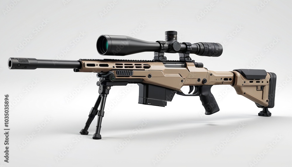 A detailed model of a high-tech sniper rifle displayed on a clean white background, representing precision and strategy in tactical games, Generative AI A detailed model of a high-tech sniper rifle displayed on a clean white background, representing precision and strategy in tactical games, Generative AI