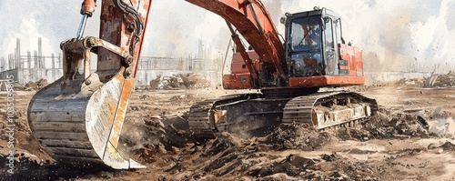 Watercolor Illustration of Excavator in Action