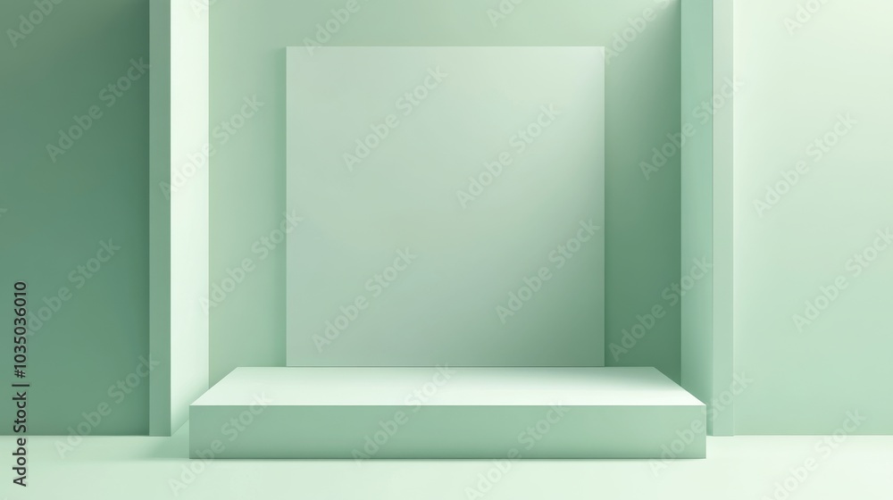 sage green 3d exhibition nook, warm cream walls, sky blue floor, serene showroom ambiance, delicate shading, vector graphic style, deep plum background, modern geometric product showcase design sage green 3d exhibition nook, warm cream walls, sky blue floor, serene showroom ambiance, delicate shading, vector graphic style, deep plum background, modern geometric product showcase design