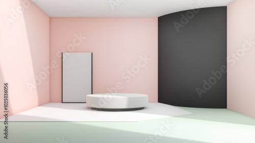 pure white 3d corner stage, blush pink walls, mint green base, airy presentation room, subtle depth perception, 3d modeled illustration, contrasting charcoal gray surroundings, elegant product