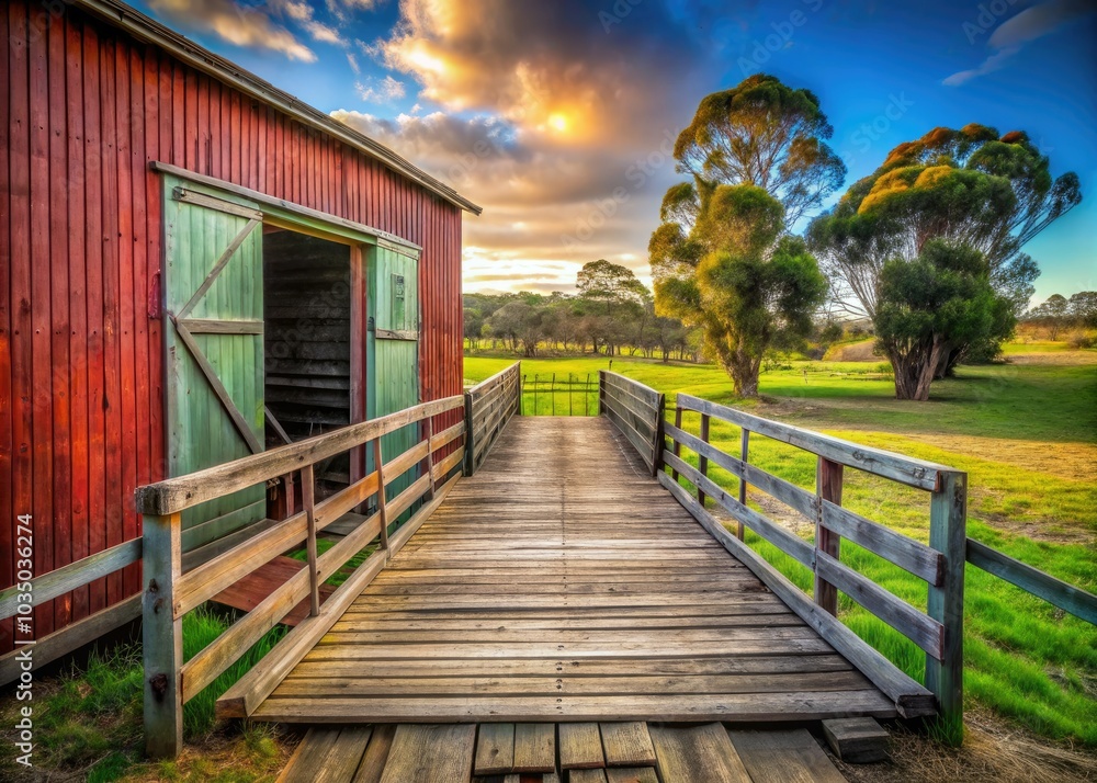 The old wooden ramp leads up to the closed door of a rustic shearing shed, surrounded by vibrant greenery and peaceful natural scenery. A serene escape. The old wooden ramp leads up to the closed door of a rustic shearing shed, surrounded by vibrant greenery and peaceful natural scenery. A serene escape.