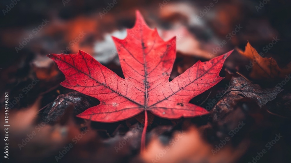 A Vibrant Red Maple Leaf on a Bed of Fallen Leaves A Vibrant Red Maple Leaf on a Bed of Fallen Leaves