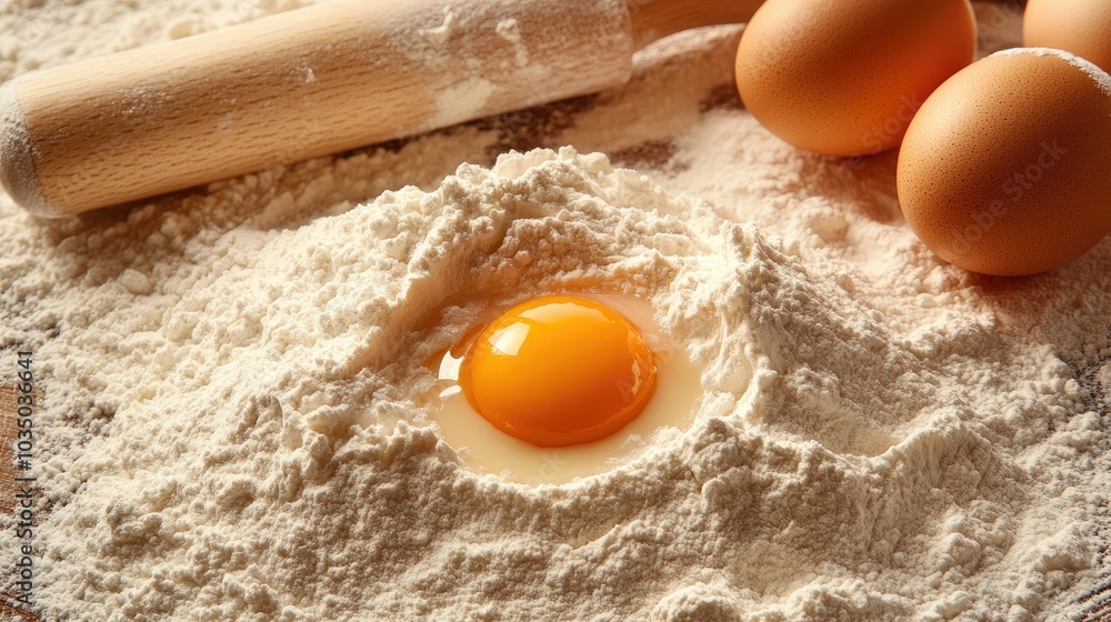 Baking ingredients and kitchen setup with flour, eggs, and rolling pin Baking ingredients and kitchen setup with flour, eggs, and rolling pin