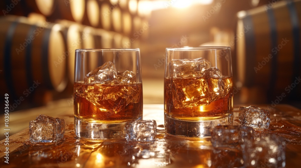 Whiskey Glasses with Ice in Barrel Room Whiskey Glasses with Ice in Barrel Room