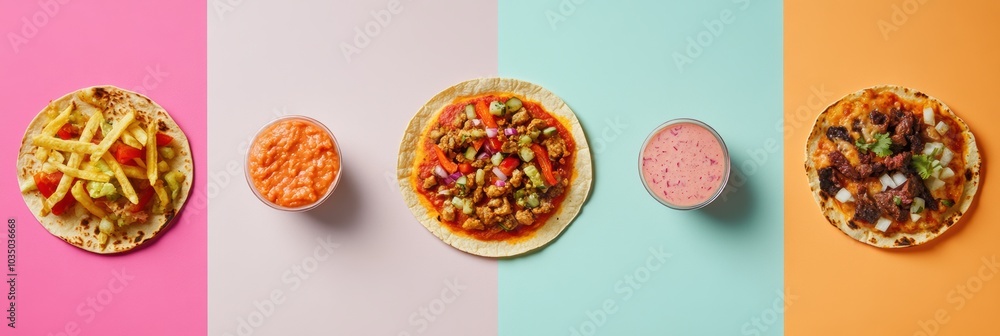 Delicious tacos and pizza displayed in colorful geometric order, highlighting street food variety at an outdoor market. Generative AI Delicious tacos and pizza displayed in colorful geometric order, highlighting street food variety at an outdoor market. Generative AI