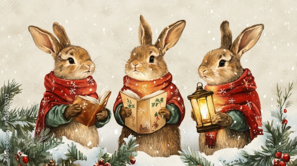 Fototapeta premium Three Rabbits in Winter Wonderland