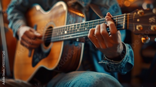 Close-up of a Musician's Hands Playing an Acoustic Guitar