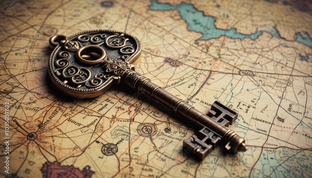 An ancient key adorned with mysterious symbols, capable of unlocking secrets of forgotten realms, placed on an old map, Generative AI An ancient key adorned with mysterious symbols, capable of unlocking secrets of forgotten realms, placed on an old map, Generative AI