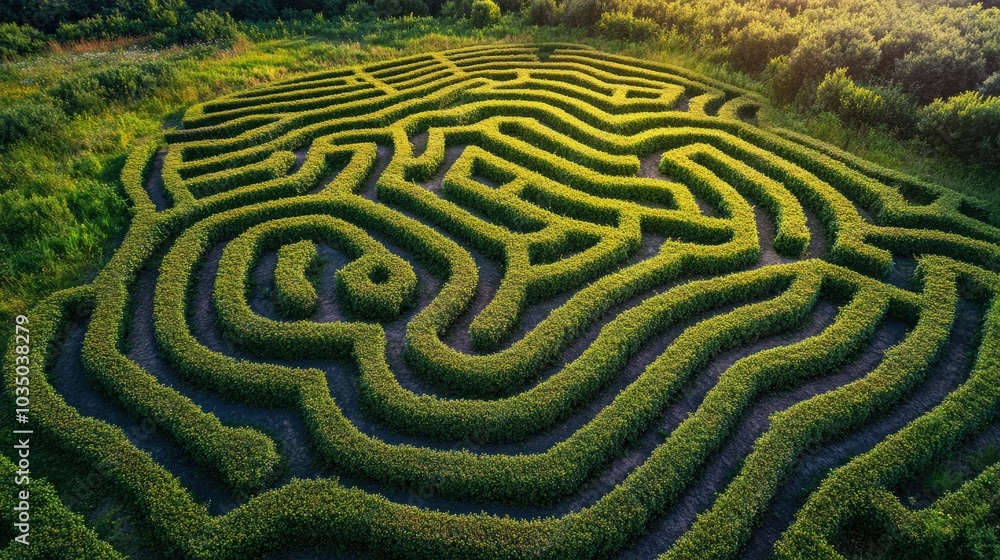 Aerial view of a complex maze garden made from a green hedge, concept of problem-solving Aerial view of a complex maze garden made from a green hedge, concept of problem-solving